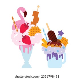 Milkshakes. Two big milky cocktails with diversy sweets - strawberry, waffle, ice cream, doughnut, candy, marshmallow, toffee. Oversized festive desserts in drinking glass. Isolated