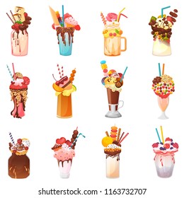 Milkshakes vector healthy ice-cream drink in glass or fresh milk beverage mix in bottle illustration set of icecream juice in glassful or jar isolated on white background