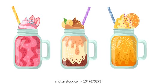 Milkshiek collection in a glass on a white background. Orange, strawberry, banana, summer drink, ice cream