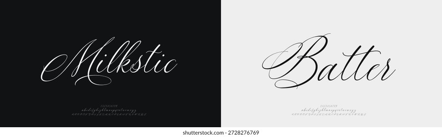 Milkstic Batter, Script luxo casamento alfabeto letras fonte com caudas. Tipografia elegante clássico fontes serif e número decorativo vintage conceito retro para logotipo branding.