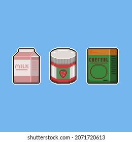 milk,strawberry jam and cereal pixel art illustriation vector