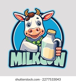 Milchkuhkartoon-Logo. Kuh mit Milch schneiden. Logo-Konzept für Kuh mit Flachstil