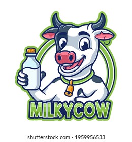 Milky Cow Cartoon Mascot logo. Cute Cow with Milk. Cow Logo concept with flat style