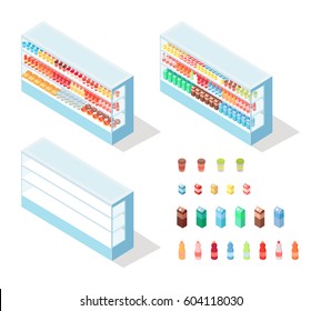 Milky food in shop showcase isometric vector illustration. Diary products on supermarket shelves 3d model isolated on white background. Grocery store equipment isometry for game, app, icon, web design