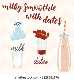 Milky smoothie with dates recipe. Raw nature food. Eco healthy ingredients. Vegetarian food.