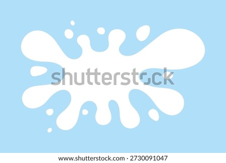 Milky splash, abstract spot of liquid with drops, splashes, isolated on a blue background, vector illustration. Decorative simple empty element for the design of dairy products, labels, banners