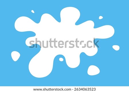 Milky splash on a blue background, vector illustration, flat design. Spilled milk, an abstract organic stain with splashes. An element of a natural product for decoration, design, label with an empty 