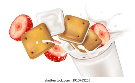 Milky splashing isolated with strawberries slice of pieces and Cookies element in the middle on white background. Realistic vector in 3D illustration.