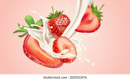 Milchspritzer einzeln auf weißem Hintergrund, mit Erdbeerschnitzel in der Mitte. Realistische Vektorgrafik in 3D-Illustration.