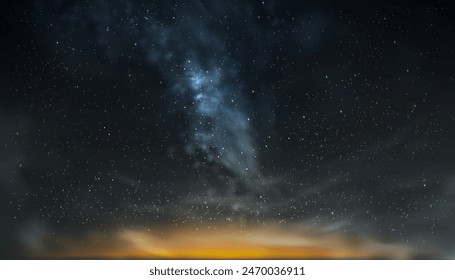 Milky Way Blue,Green Sky,Yellow light,Stars Shining and Comet falling,Night colourful landscape Starry sky, Universe with Space background of galaxy.Banner Star field sky for Ramadan Night