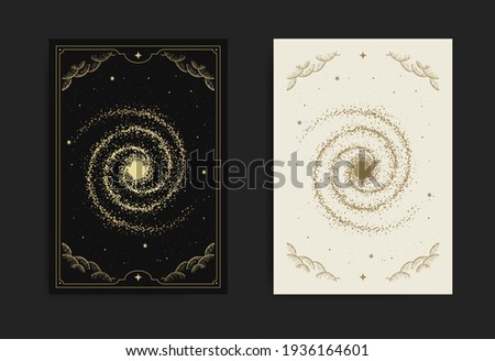 Milky way card, with engraving, luxury, esoteric, boho, spiritual, geometric, astrology, magic themes, for tarot reader card. Premium Vector