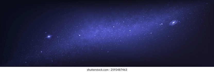 Milky Way galaxy. Glowing deep space with bright stars. Magic spiral galaxy. Universe with stardust for banner or website. Starry cosmos wallpaper. Vector illustration.