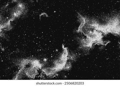 Milky way, galaxy, nebula, stars in pointillism style. Vintage stippled background of deep space. Vector illustration in retro grainy grunge texture for music poster, concert banner, cd cover, collage