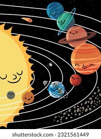 milky way galaxy solar system illustration in cute cartoon style