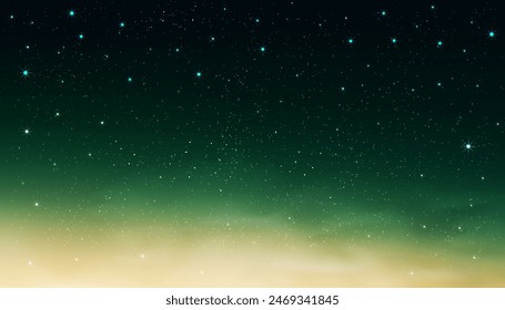 Milky Way Green Sky, Yellow Light, Stars Shining and Comet Falling, Night bunte Landschaft Sternenhimmel, Beautiful Universe mit Weltraumhintergrund der Galaxie.Banner Sternenhimmel für Ramadan Night