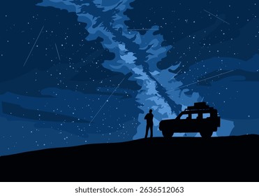 Milky way illustration with silhouette of a man and his car