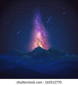 Milky Way in the mountains at night with falling asteroids - vector illustration.