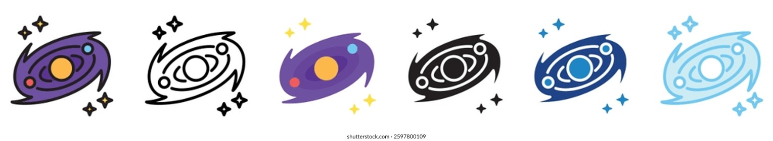 Milky Way multi style, mini illustration icon set. outline, flat, glyph, line color, UI, UX, app and web, digital or print. vector EPS 10 related to education, technology, space and galaxy.