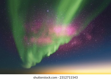 Milky Way and Northern lights. Night starry sky. Green aurora borealis