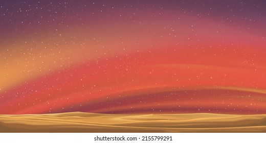 Milky Way and Orange light on desert sand dunes,Night colourful landscape with Starry sky,Beautiful Universe with Space background of galaxy.Vector banner Star field in night sky for travel background