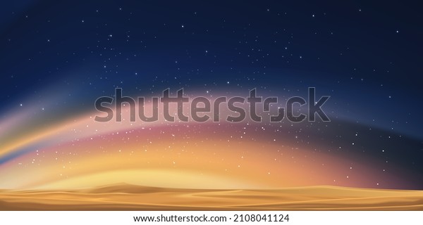 Milky Way and Orange light on desert sand\
dunes,Night colourful landscape with Starry sky,Beautiful Universe\
with Space background of galaxy.Vector banner Star field in night\
sky for travel\
background