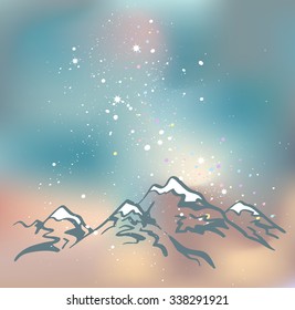 Milky Way over the Himalayan peaks. Mountains at the night time. Vector space background