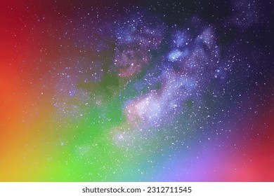 Milky Way and rainbow. Night starry sky. Colorful aurora borealis