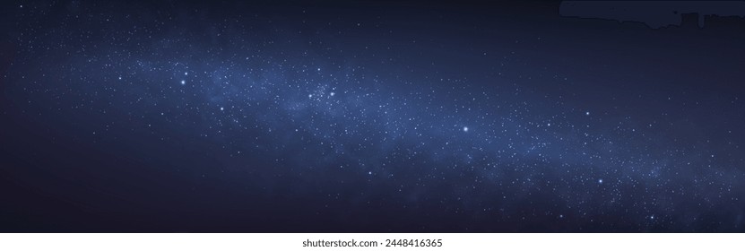 Milky way. Realistic starry background. Wide night sky with shining stars. Magic constellation with soft light. Galaxy wallpaper with blue gradient. Vector illustration.