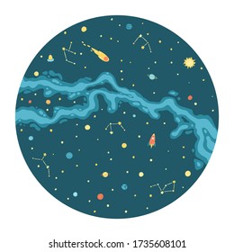 Milky Way round map. Vector hand drawn cartoon childish illustration in simple scannavian style. Solar system, planets and rocket. Background for your design.