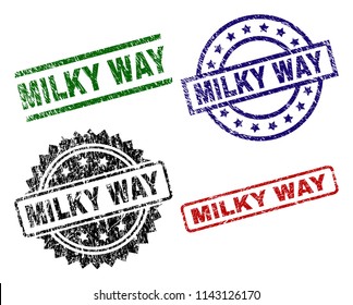 MILKY WAY seal prints with damaged surface. Black, green,red,blue vector rubber prints of MILKY WAY label with corroded surface. Rubber seals with round, rectangle, medallion shapes.