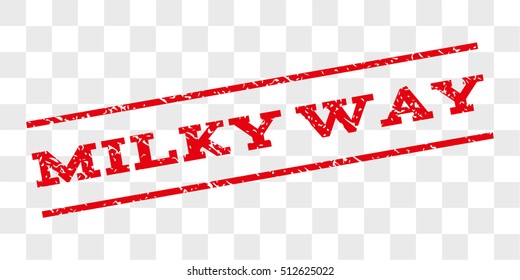 Milky Way watermark stamp. Text tag between parallel lines with grunge design style. Rubber seal stamp with dirty texture. Vector red color ink imprint on a chess transparent background.