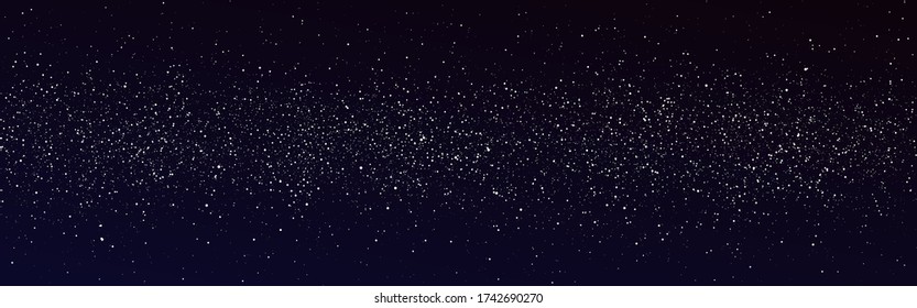 Milky way wide banner. Space background with white stars. Starry night design. Stardust or glitter texture. Constellation backdrop for web, app or poster. Vector illustration.