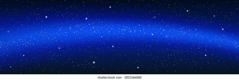 Milky way wide banner. Space starry background. Bright cosmic wallpaper. Cosmos texture with shining stars. Dark universe with stardust. Vector illustration.