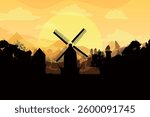 Mill against the backdrop of sunset. Beautiful village landscape. Vector graphics