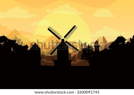 Mill against the backdrop of sunset. Beautiful village landscape. Vector graphics