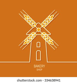 Mill bakery label logo design. Windmill and wheat ears. Mill symbol. Agriculture landscape. 