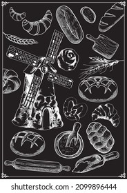 Molino, ingredientes para cocinar y hornear e íconos de utensilios de cocina. Ilustración de esbozo dibujada a mano por vectores. Conjunto de elementos de diseño culinario y recetas aisladas en fondo blanco 
