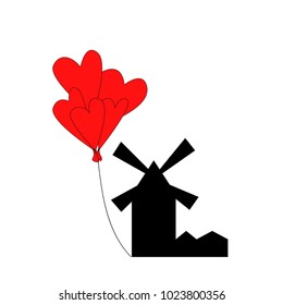 mill and balloons of hearts on a white background
