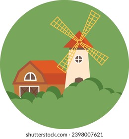 Mill and barn among farmland. Agricultural rural landscape in a circle. Vector image for stickers, website design, articles, news, booklets.