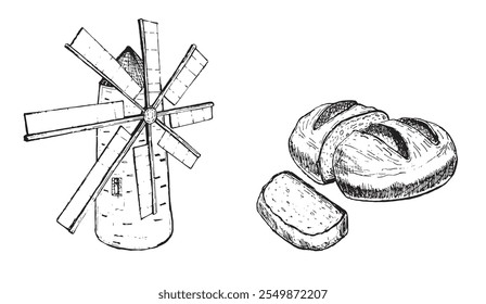 Mill and Bread on white background. 100% hand drawn vector image.