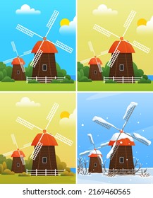 Mill building on farmland in different seasons. Countryside with windmill, village architecture. Mill for production of natural food. Farmyard, ecological farm landscape in snowy and sunny wealther