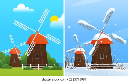 Mill building on farmland in different seasons. Countryside with windmill, village architecture. Mill for production of natural food. Farmyard, ecological farm landscape in snowy and sunny wealther