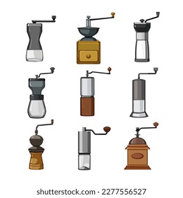 mill coffee grinder manual set cartoon. caffeine drink, old handle, kitchen retro, vintage tool, antique mill coffee grinder manual vector illustration