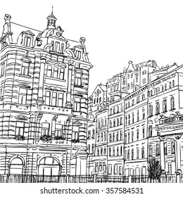 The Mill Colonnade with hotel, the biggest colonnade in Karlovy Vary, Czech Republic. Vector sketch hand drawn collection, 
