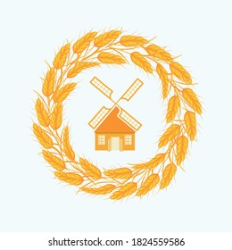 Mill. Color image of a mill and ears of wheat on a white background. Design element. Vector illustration.