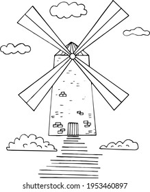 mill concept. rural landscape. hand drawn doodle style. vector, minimalism, monochrome, sketch label flour bread