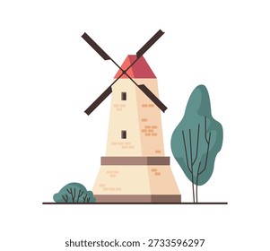 Mill construction with tree and bush, isolated facility or structure for grinding and processing various materials. Vector isolated brick building for manufacturing processes on farm