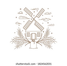 Mill. Imagen de contorno sobre fondo blanco. Elemento de diseño. Ilustración vectorial.