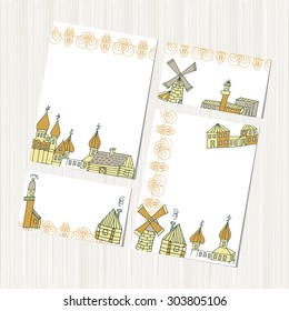 Mill, cottage, lighthouse. Template. set. Background, texture, banner, postcard. Sketch.