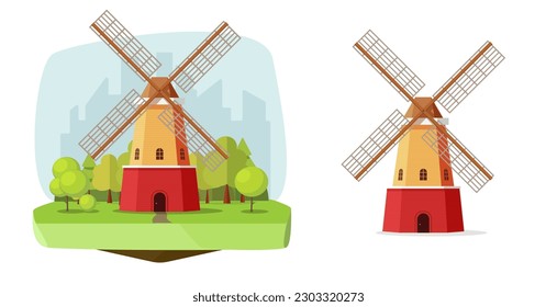 Mill dutch farm vector flour windmill flat graphic design illustration on field and isolated clipart cartoon image, wooden old retro wind fan scene clip art